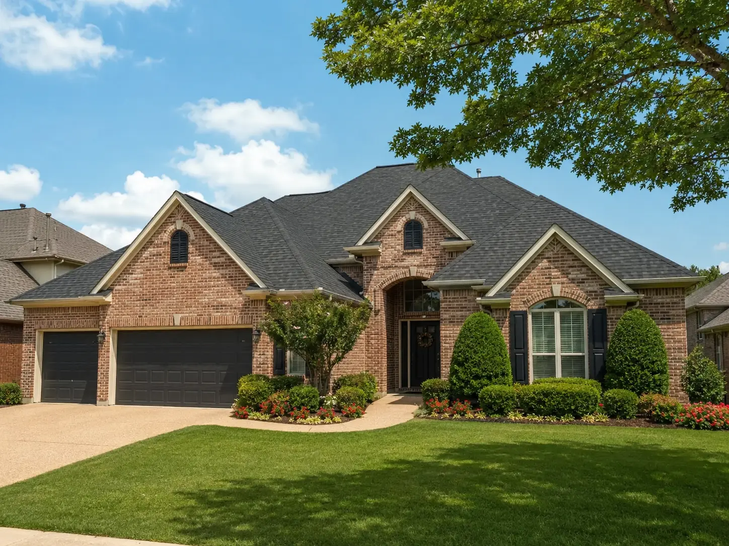 Completed residential shingle roof on a North Texas brick home