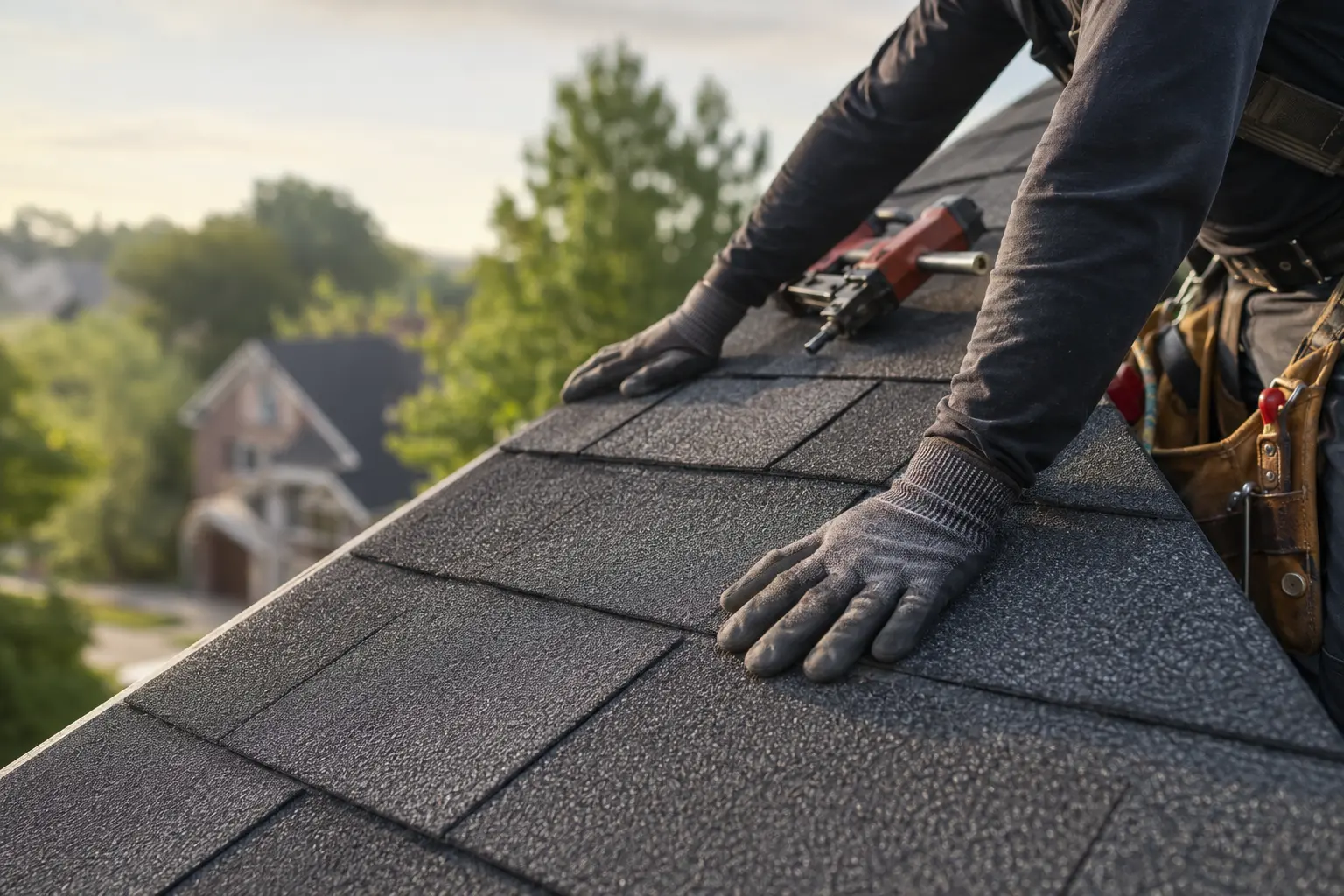 Roofing professional carefully completing residential roof work