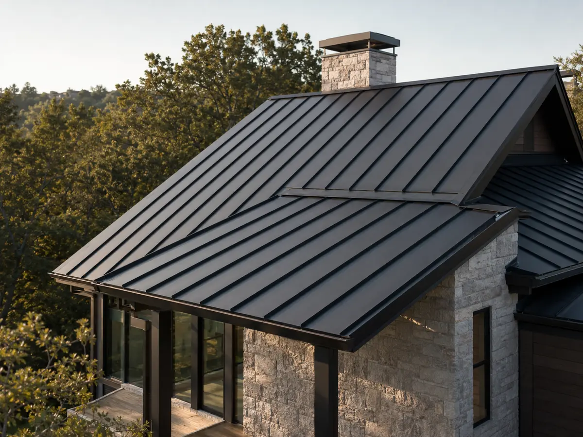 Standing-seam metal roofing with clean panel and seam alignment